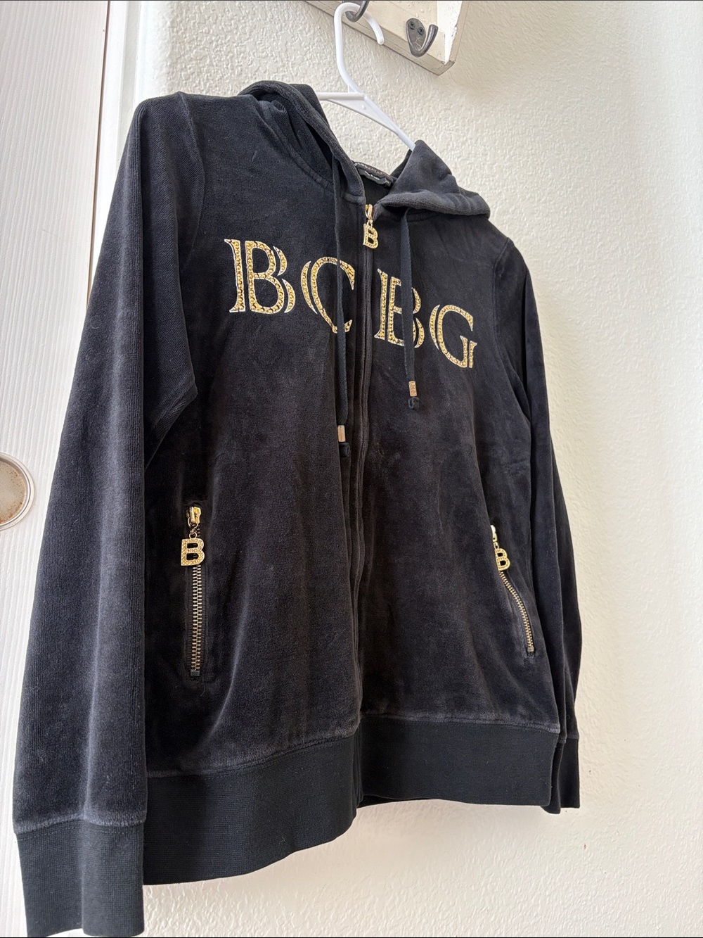 BCBGMAXAZRIA Black and Gold Eagle Logo Velour Track jacket